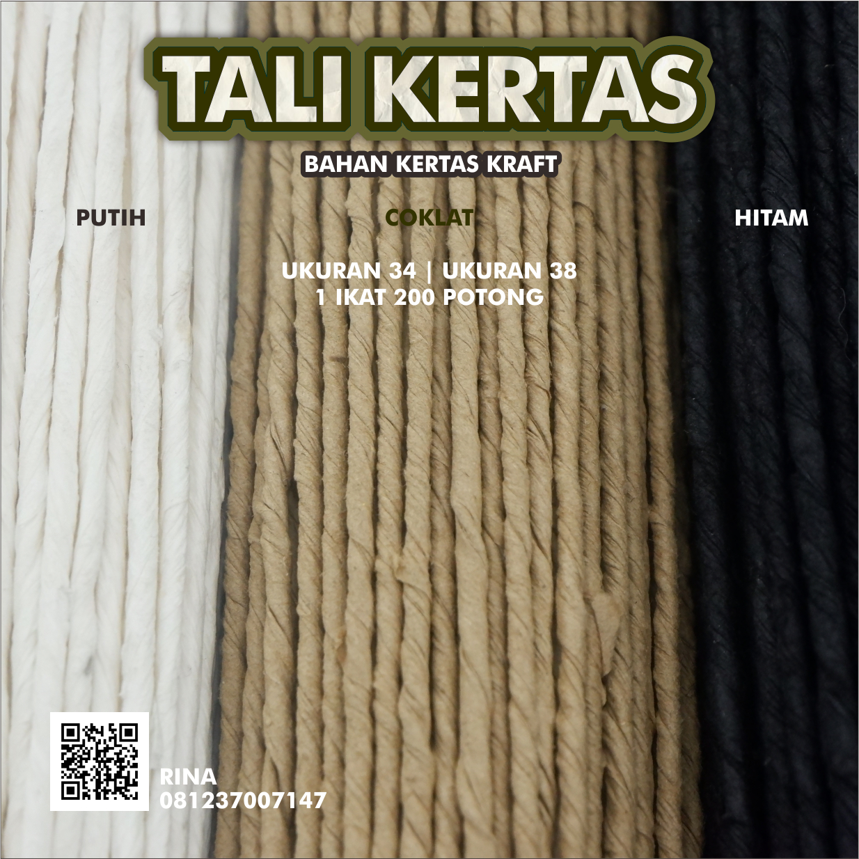 Tali paper bag potongan 34 & 38 cm Warna hitam putih coklat