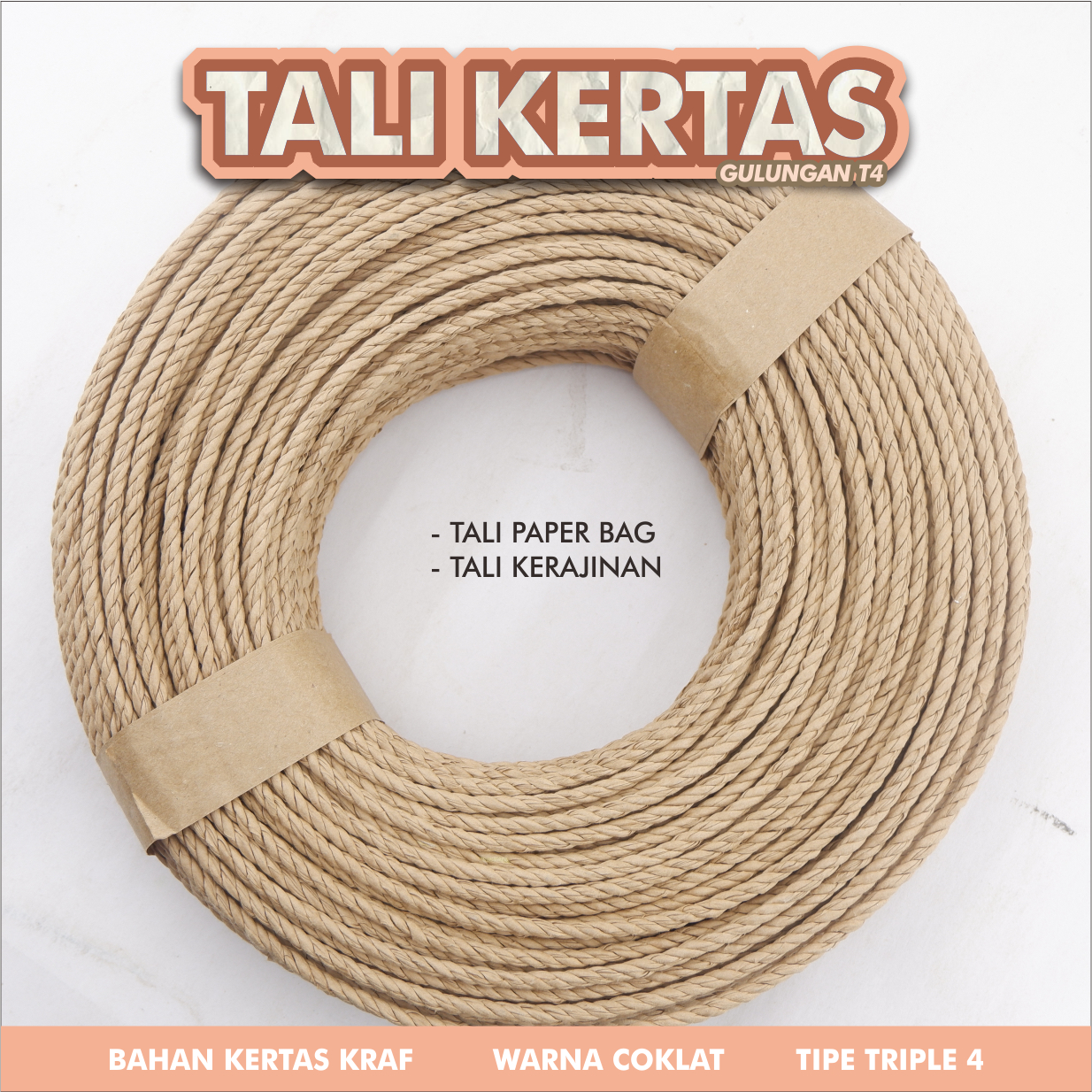Tali kertas gulungan triple 4 warna coklat kraft